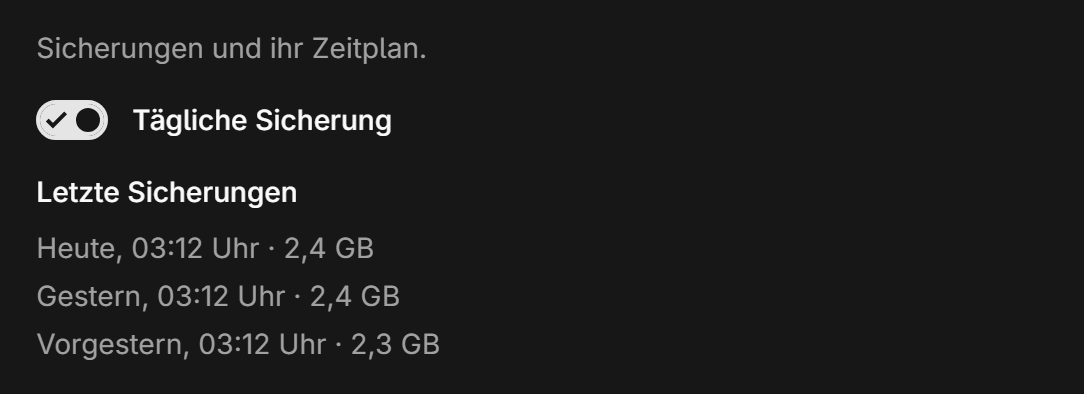 The switch for daily backups and the list of recent backups