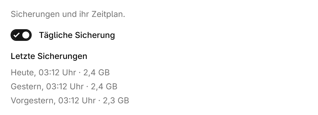 The switch for daily backups and the list of recent backups