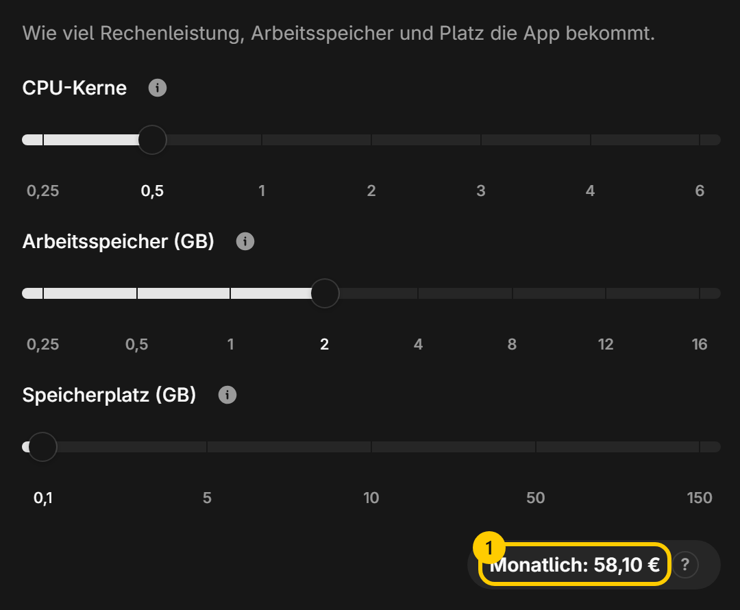 The three sliders for CPU, memory and storage with the monthly price below them