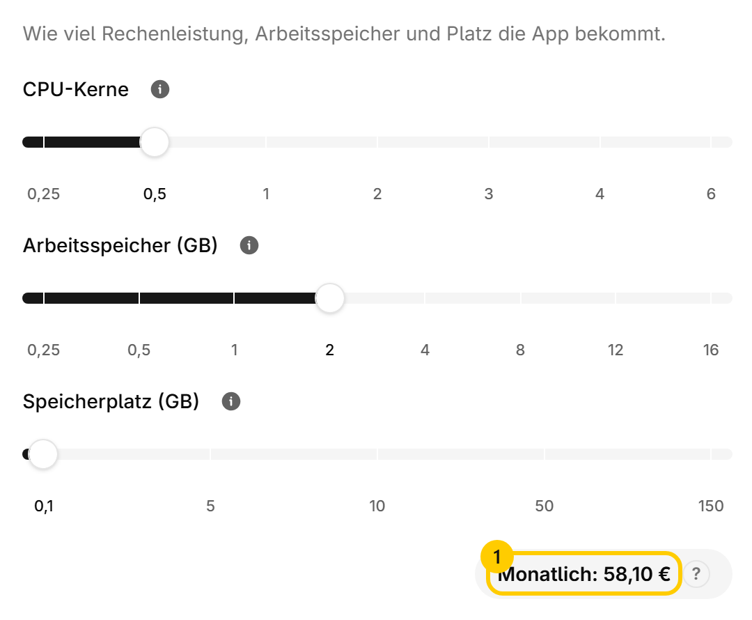 The three sliders for CPU, memory and storage with the monthly price below them
